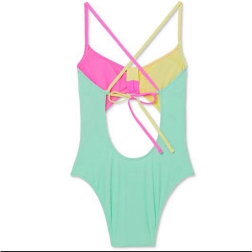 Xhilaration Size L Pink yellow and Mint one piece Swimsuit Y2K 90’s inspired NEW - Picture 7 of 7